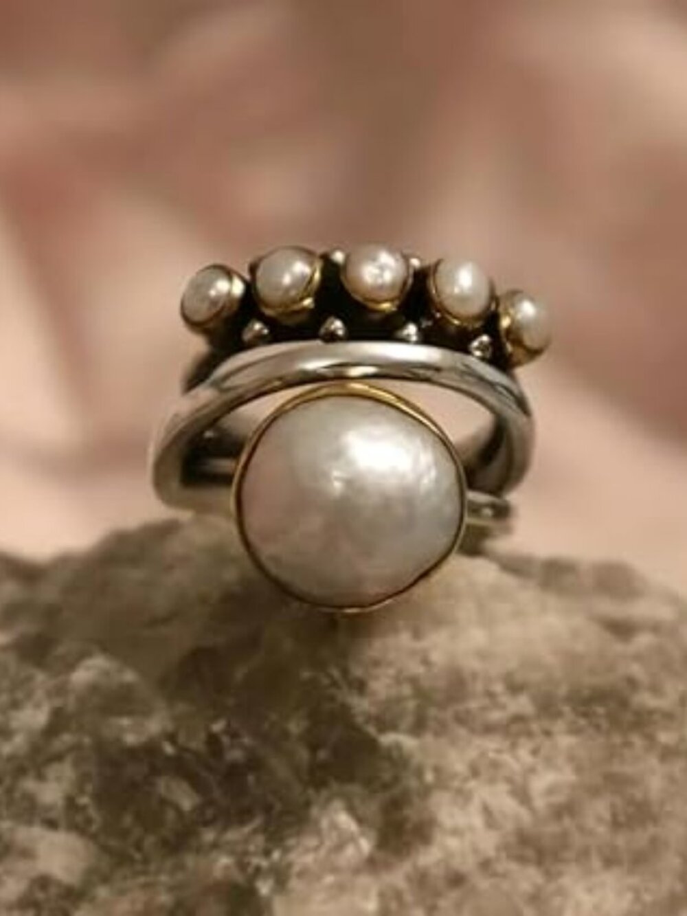 Silver Ring Three Layers Cross Pearl Ring Statement Ring Handmade Boho Sz 7 - Picture 2 of 4